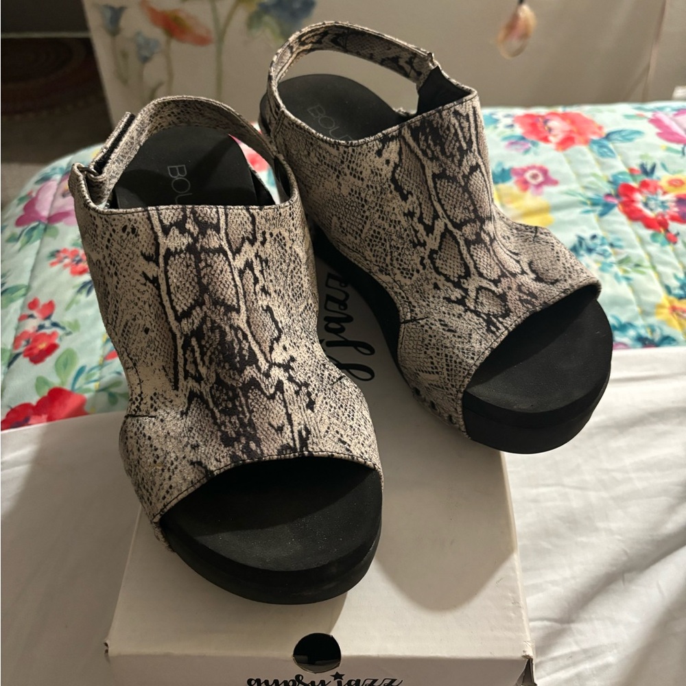 Black and white snake skin wedge sandals